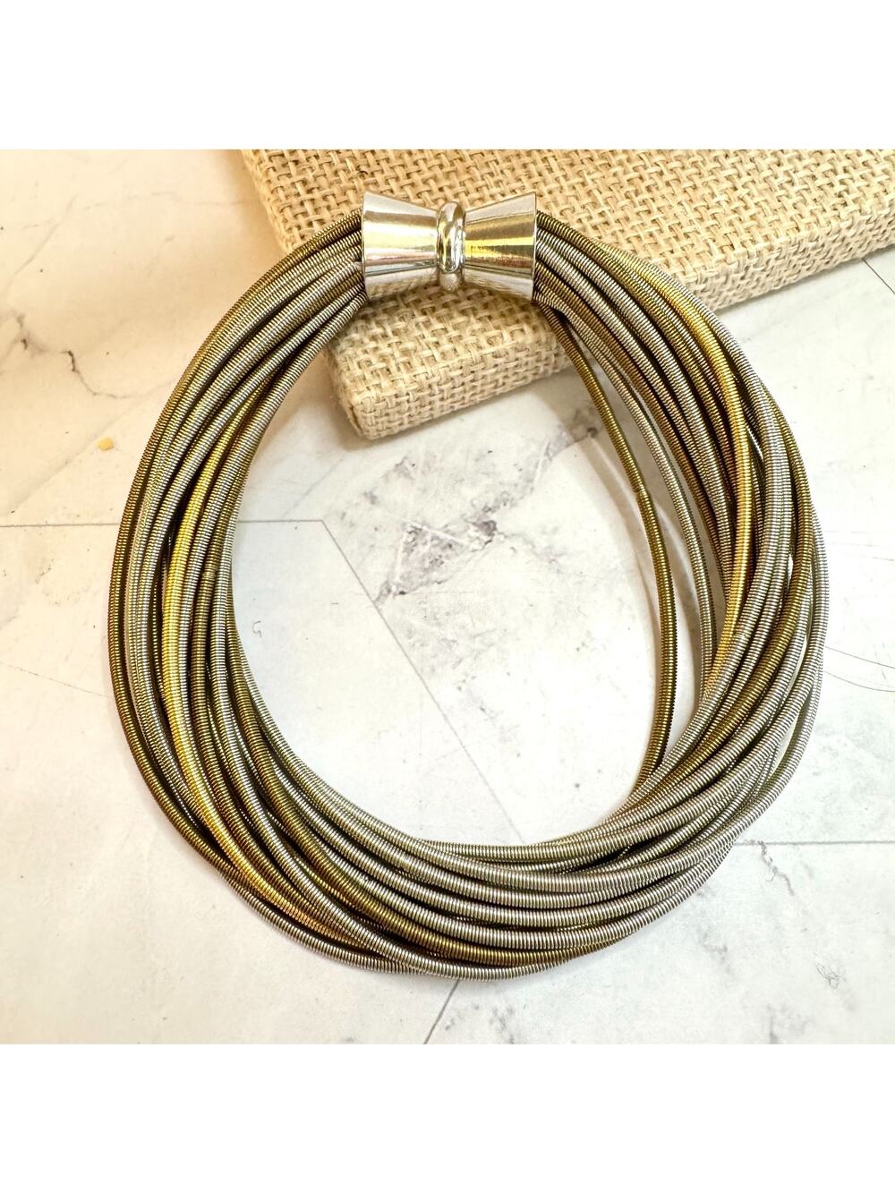Piano Wire Twist Bracelet Multi Gold & Silver Tone Magnetic Clasp Handcrafted